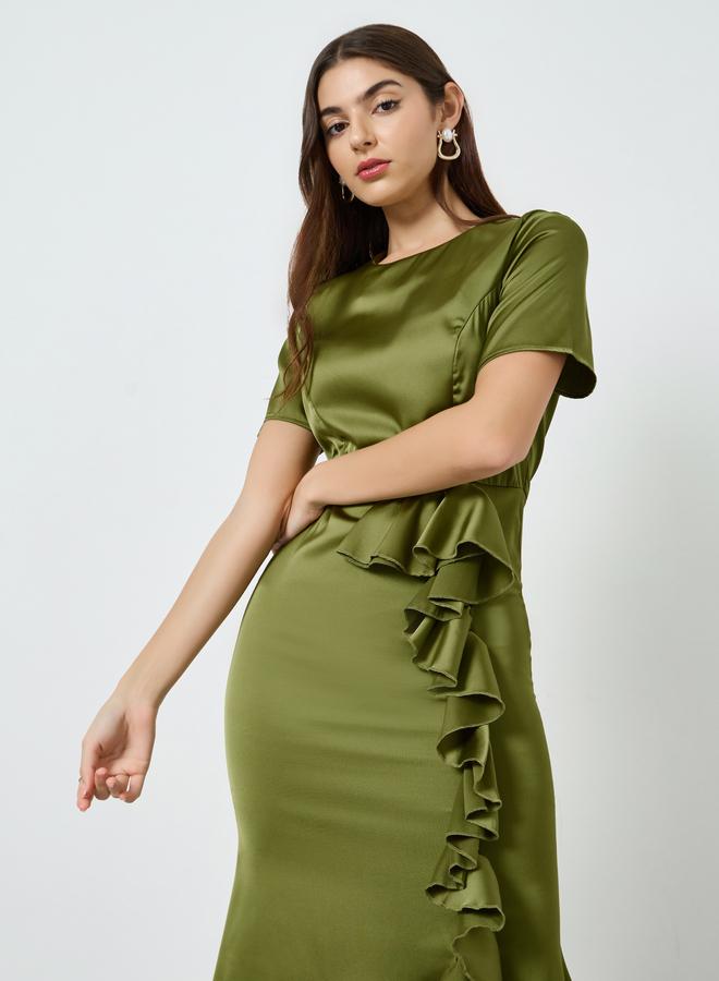Styli Women Green Ruffle Detail Sheath Midi Dress - Image 1